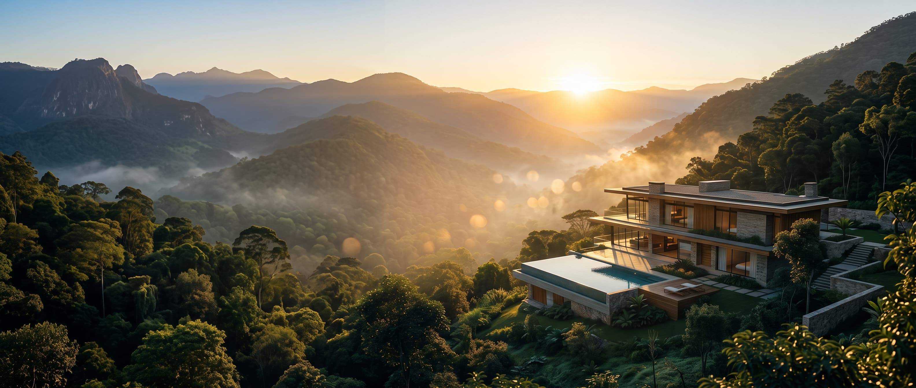 Vista panorâmica das montanhas e chácara de luxo em Ibiúna SP